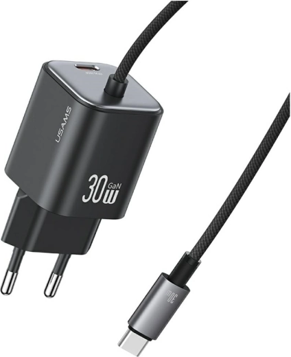 USAMS JC Series CC264 30 W GaN Netzladegerät mit integriertem USB‑C-Kabel (schwarz)