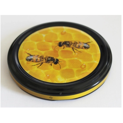 Coperchio in metallo Twist-off 82 mm con ape sul fiore di melo, 6 ganci