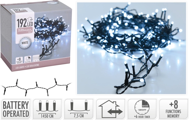 Christmas LED String Lights 14.5 m, 192 LEDs, Cool White, 8 Modes with Timer, IP44