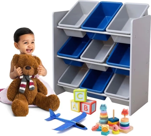 Kids' toy organizer with 9 bins (gray/blue)