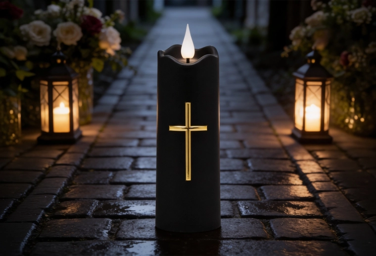 Świeca LED 5 × 15,5 cm czarna ze złotym krzyżem