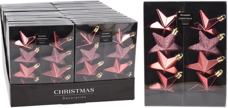 Décorations de Noël étoiles 6,5 cm roses, lot de 8 pièces