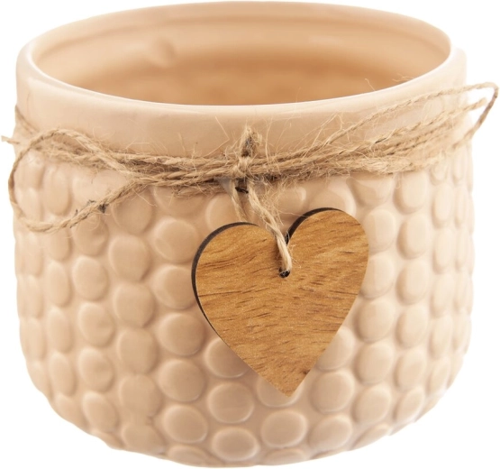 Beige ceramic planter with wood 13 cm