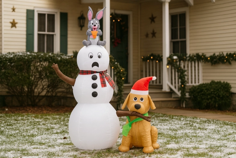 Inflatable snowman with dog and bunny with LED backlighting 180 cm