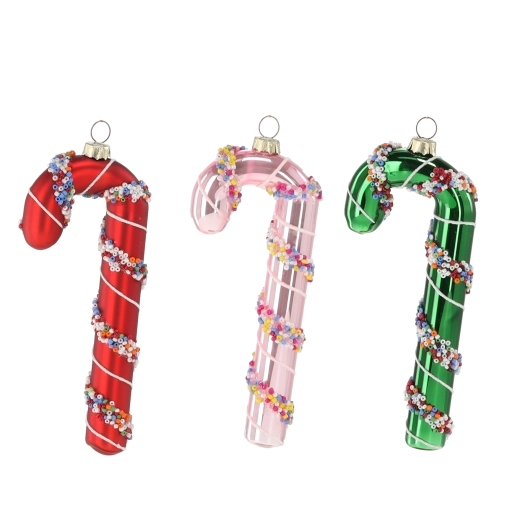 Glass Christmas ornament candy cane, mix of colors, 12 pcs