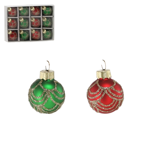 Set mit 12 gläsernen Weihnachtskugeln Rot und Grün 4 cm