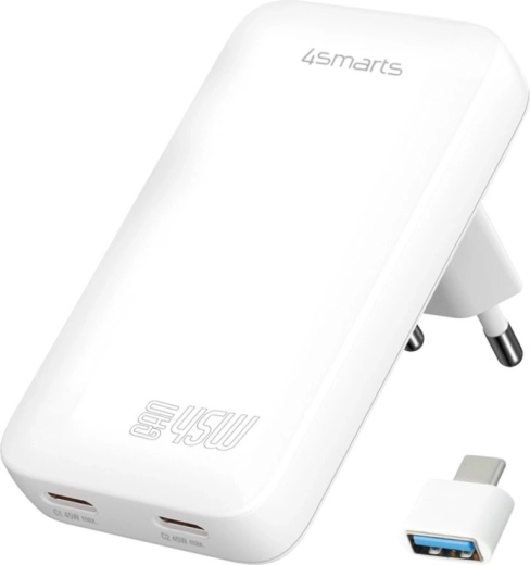 Caricatore da parete 4smarts FlatPlug Dual 45 W GaN, 2× USB‑C, bianco