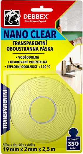 Nastro adesivo nano bifacciale trasparente 19 × 2 mm, 2,5 m