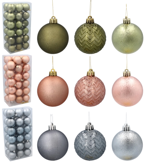 Set kerstballen 6 cm, 36 stuks – olijfgroen, koper en grafiet