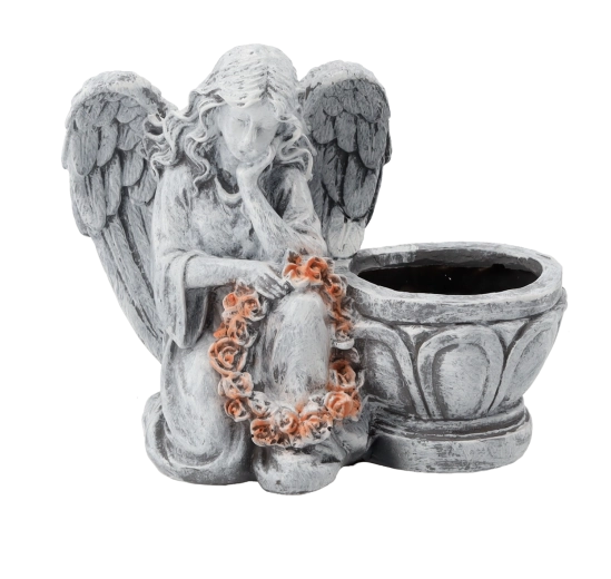 Statuette d’ange agenouillé avec jardinière, gris, 23,5 × 12,5 × 20 cm