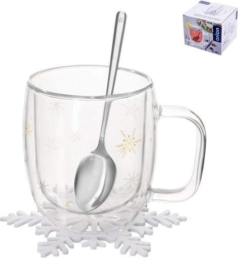 Tasse isotherme à double paroi en verre borosilicaté Double avec motif flocon 380 ml avec cuillère et sous-tasse