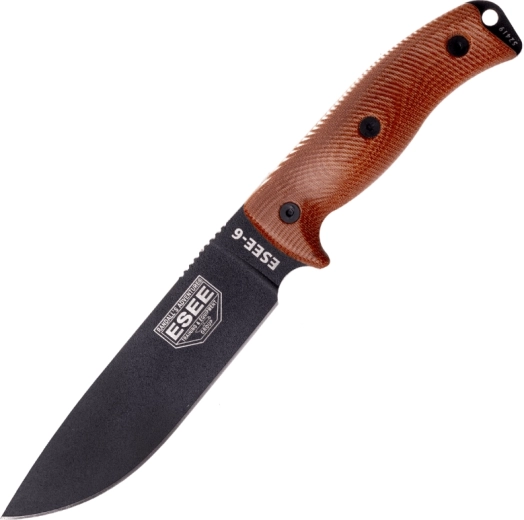 ESEE Model 6 survival knife with black blade and brown Micarta handle