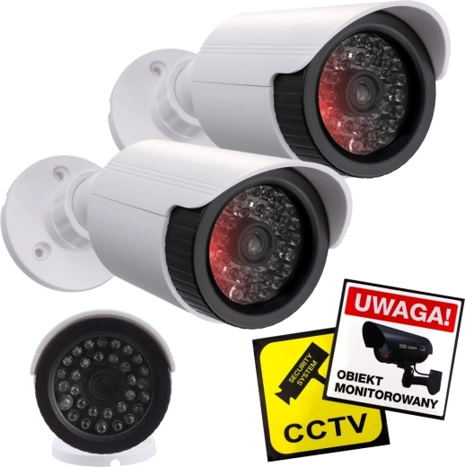 Set of two bullet camera dummies with IR LEDs, white, powered by 2×AA, IP44
