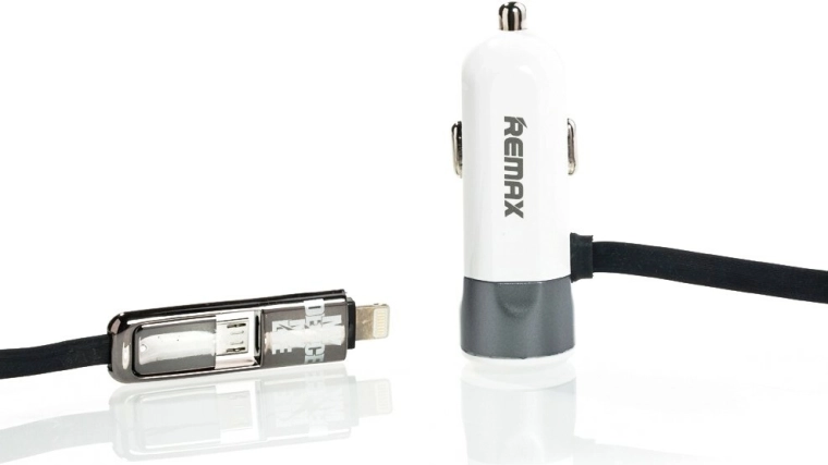 Caricatore auto Remax 3,4 A con cavo integrato Lightning e micro USB, grigio
