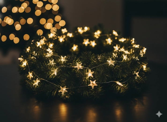 LED string lights star shapes 20 lights battery-powered with gold accents