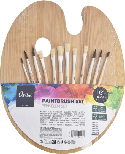 Tavolozza da pittura in legno con set di 12 pennelli, 25 × 31 cm