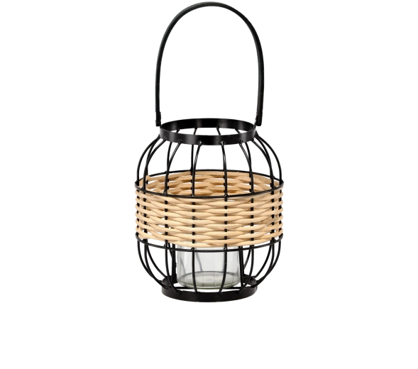 Dekorativ lanterne i metal og træ med glasindsats