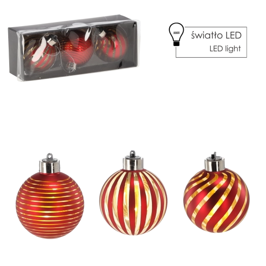 Set of glass Christmas ornaments with LED lighting, red, 8 cm, 3 pcs