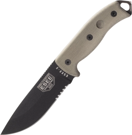 ESEE 5 lama seghettata, lama nera, manico in micarta, fodero Kydex