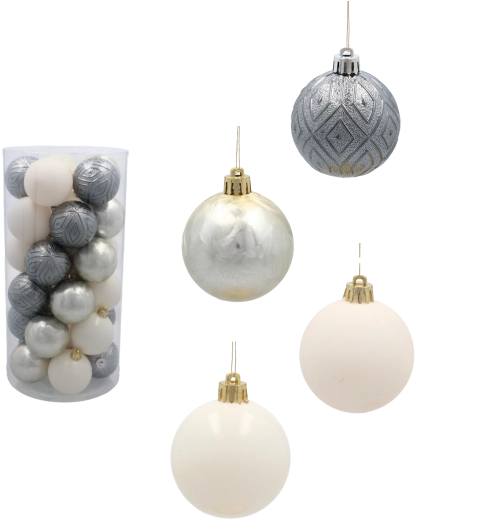 Set of Christmas Baubles 6 cm, 30 pcs – Champagne, Gray and White