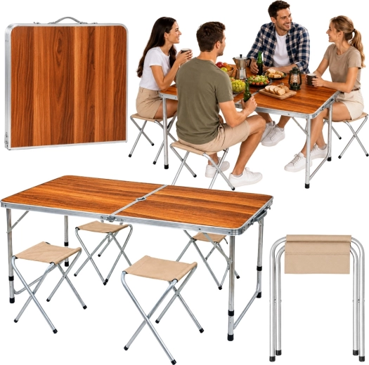 Klappbares Camping-Set: Tisch und 4 Hocker im Koffer, Holzoptik