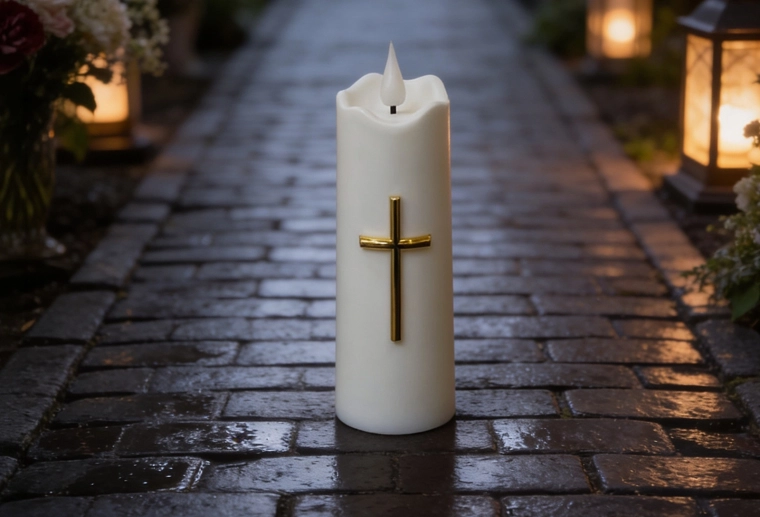 Biała świeca LED ze złotym krzyżem 15,5 cm