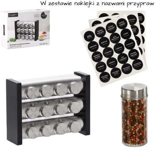 Three-tier spice rack 29.5 × 9 × 22 cm with 12 glass spice jars, silver–black