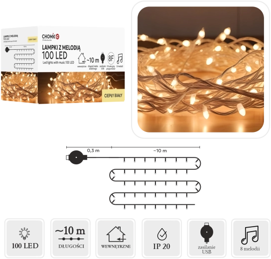 LED svjetlosni lanac s melodijom USB, toplo bijela, 100 dioda, 10 m