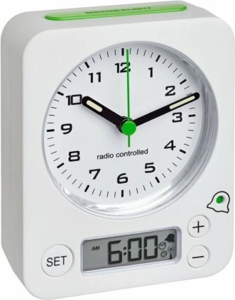 Wireless Alarm Clock TFA Combo with Digital Setting, White/Green