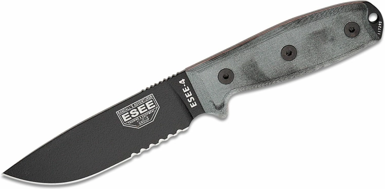 ESEE Knife 4S with partial serrations, 11.4 cm, Black/Grey, Micarta, MOLLE sheath
