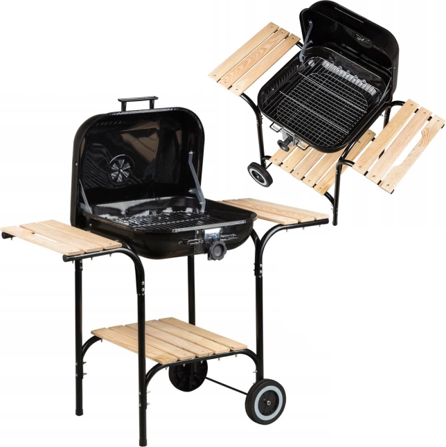 Duży ogród grill z regulowanym rusztem i drewnianymi półkami