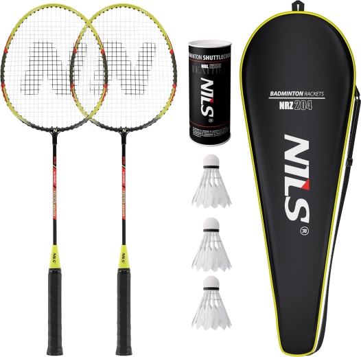 Set of Nils NRZ204-1 badminton rackets (2 pcs) with case and feather shuttlecocks