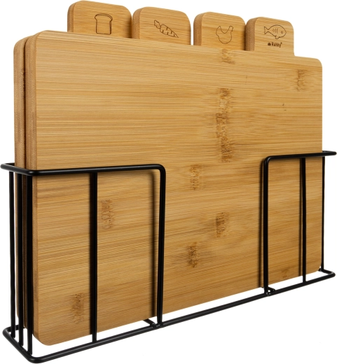 Ruhhy set of bamboo cutting and serving boards with stand (4 pcs)