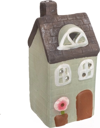 Portacandela in ceramica a forma di casetta verde-grigio 16 cm