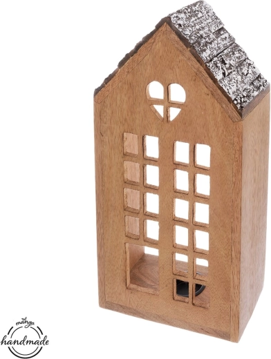 Portacandela MANGO a forma di casetta in legno e metallo, 38,5 cm