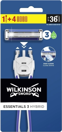 Wilkinson Essential 3 Hybrid rasoio da uomo con manico e 4 testine