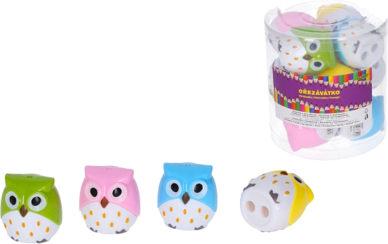 Two-hole pencil sharpener with shavings container – owl