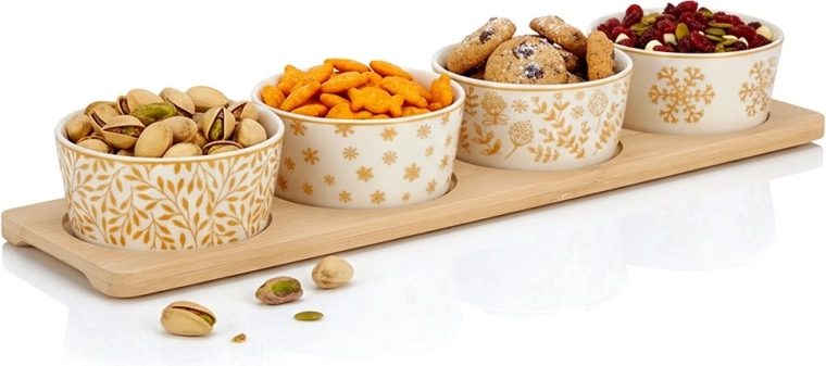 Porcelænsskåle til snacks på bambusbakke, 5-delt sæt
