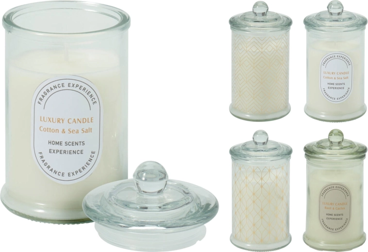 Scented candle in glass with lid, diameter 7 cm, mix of scents and designs
