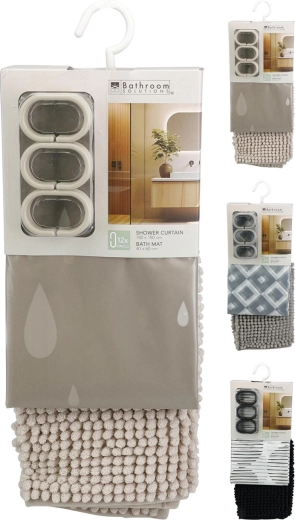 Ensemble de salle de bain avec rideau de douche et tapis, mix de couleurs