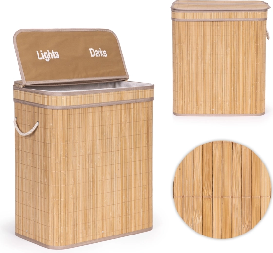 ModernHome Wäschekorb aus Bambus, 100 l, mit 2 Fächern und Deckel
