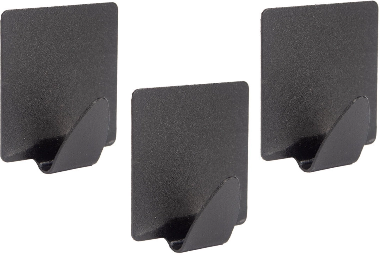 Self-adhesive rectangular steel hooks, black, set of 3