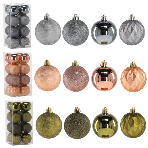 Set de boules de Noël 6 cm – olive, cuivré et graphite, 16 pcs