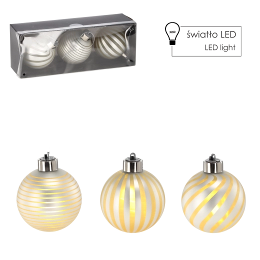 Set of Glass Silver Christmas Ornaments with LED, 8 cm, 3 pcs