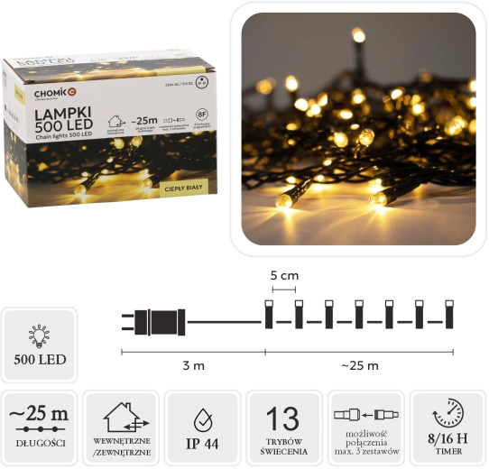 Christmas LED String 500 lights, warm white, 25 m for indoor and outdoor