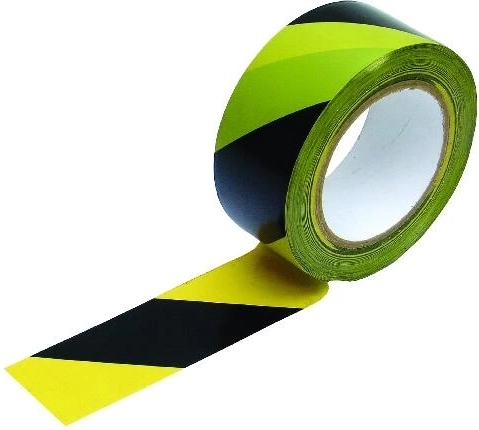 Advarselsklæbetape 48 × 66 m, gul–sort, venstreskrå skrafur