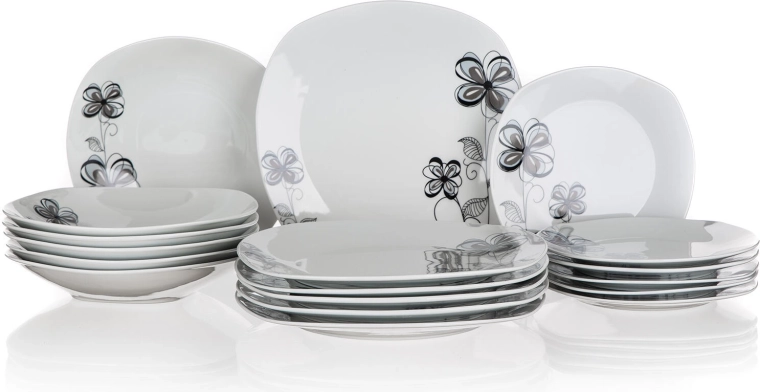 FLOREA Square Porcelain Dinner Set, 18 Pieces, White