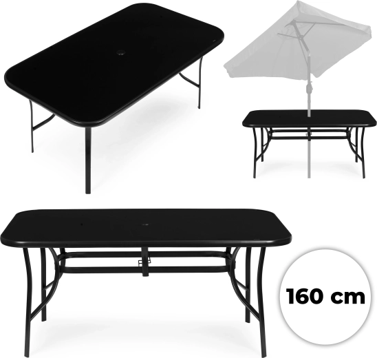Table de jardin 160 × 90 cm en verre trempé avec trou pour parasol, noire, MultiGarden