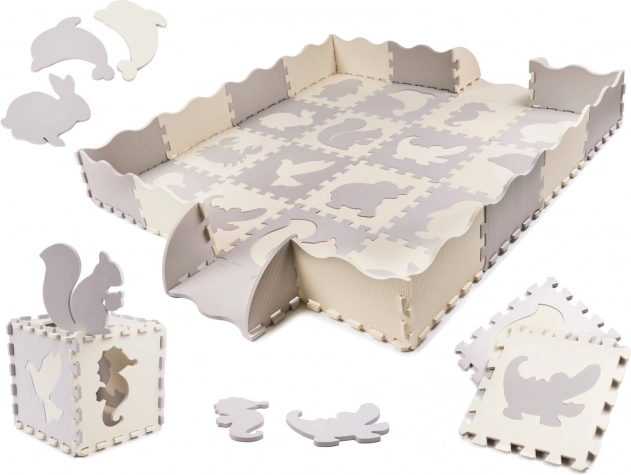 Tappetino educativo in schiuma a puzzle, grigio ed ecru, 36 pezzi, 150 × 150 cm