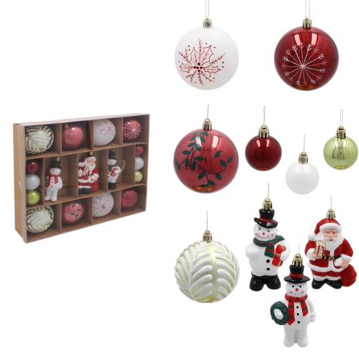 Set of 23 Christmas ornaments in red, white and gold